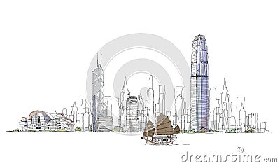 Artistic sketch of Hong Kong bay, sketch collection Vector Illustration