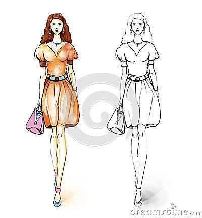 Artistic sketch for a night dress, fashion designer style. Stock Photo