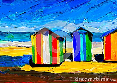 An artistic sketch showing colourful beach huts by the seaside Stock Photo