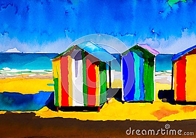 An artistic sketch showing colourful beach huts by the seaside Stock Photo