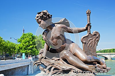 Artistic statue on Alexandre Bridge against Eiffel Tower. Paris, France Stock Photo