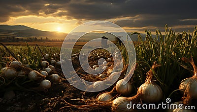 Artistic still life of field with onions at sunset Stock Photo