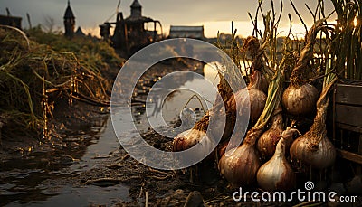 Artistic still life of onions in a cold field at sunset Stock Photo