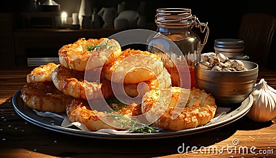 Artistic still life of rings onions fried with a warm light Stock Photo