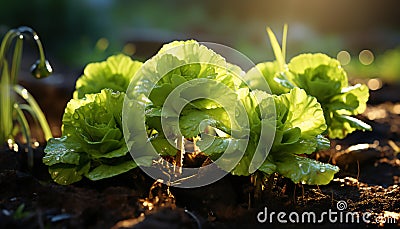 Artistic still life of wet lettuce with drops water in a orchard Stock Photo