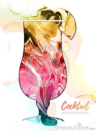 Artistic tequila sunrise cocktail silhouette with alcohol ink texture. Marble texture background Vector Illustration