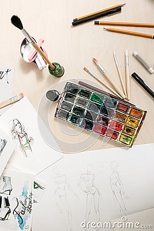 Artistic tools on creative workplace Cartoon Illustration