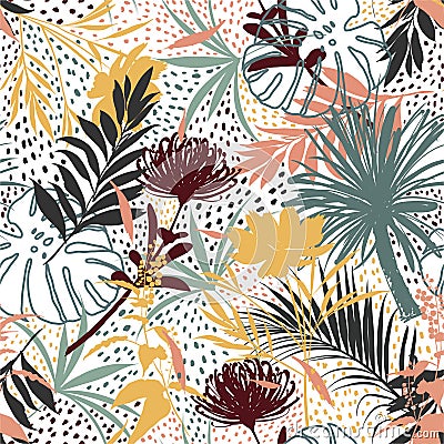 Artistic .Vector seamless pattern with hand drawing silhouette botanical wild plants, leaves and flowers, colorful botanical Cartoon Illustration