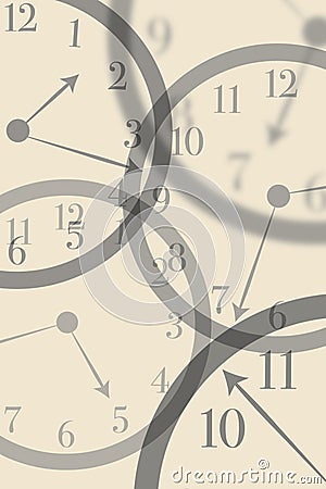 Artistic view round clocks with latin numerals intersect with each other to show time passing and stress in life Stock Photo