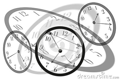 Artistic view round isolated clocks with latin numerals intersect with each other to show time passing and stress in life Stock Photo