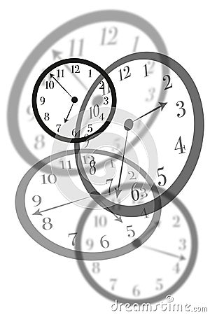 Artistic view round isolated clocks with latin numerals intersect with each other to show time passing and stress in life Stock Photo