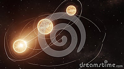 Artistic visualization of alpha centauri s three suns in elliptical orbits intersecting in space Stock Photo