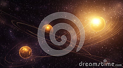 Artistic visualization of alpha centauri s three suns in elliptical orbits intersecting in space Stock Photo