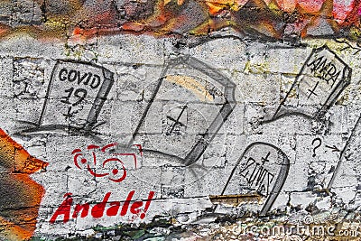Artistic walls with COVID-19 gravestone cemetery paintings graffiti Mexico Editorial Stock Photo