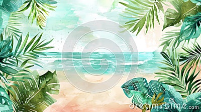 Artistic Watercolor Depiction of a Tropical Beach with Palm Trees on a Sunny Day Stock Photo
