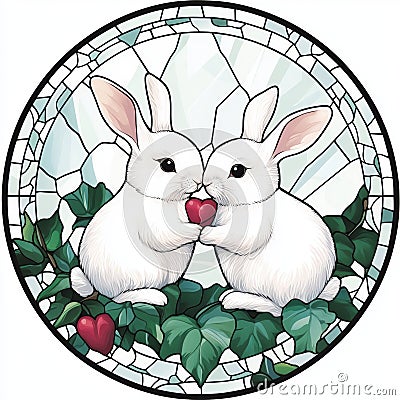 Artistic watercolor depictions of lively rabbits, rendered in a stained glass style with vibrant colors, capturing the Stock Photo