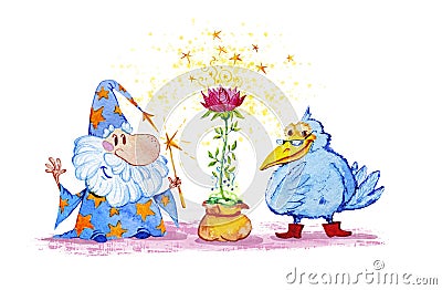 Artistic watercolor hand drawn magic illustration with stars, wizard, blue crow and pink flower Cartoon Illustration