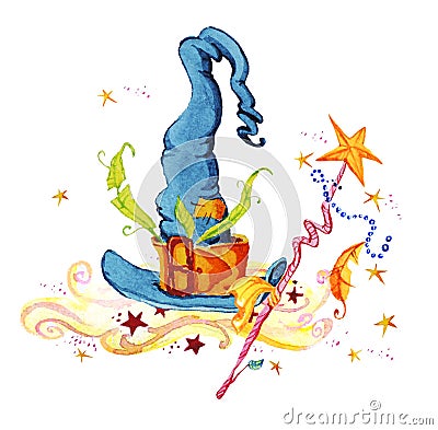 Artistic watercolor hand drawn magic illustration with stars, wizard hat, smoke and magic wand isolated on white background. Cartoon Illustration