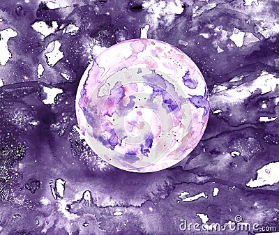 Artistic watercolor illustration of purple and pale pink full moon in dark night sky. Cartoon Illustration