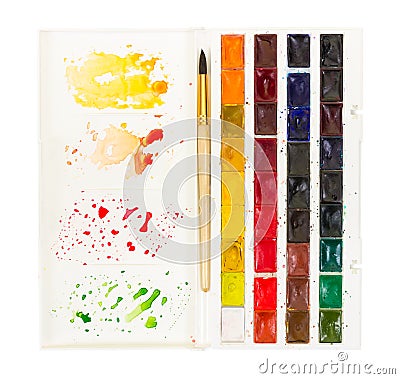 Artistic watercolor paint and brush in plastic box with palette Stock Photo