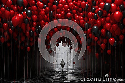 Artistic watercolor portrayal of red and black balloons cascading like a rain of color, instantly drawing attention and creating a Stock Photo