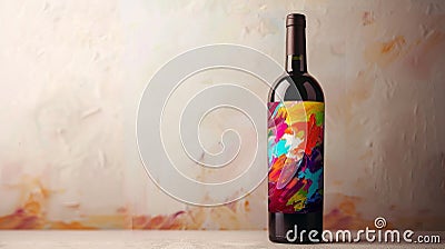 An artistic wine bottle with a label designed to look like a canvas painting featuring a vibrant abstract design and Stock Photo