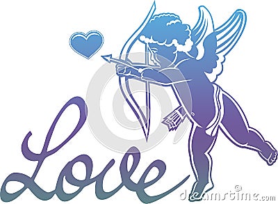 Artistic written single word `Love!` and Cupid hunting for hearts. Stock Photo