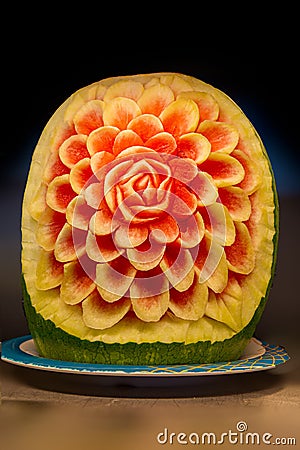 Artistically carved watermelon in shape of a flower Stock Photo