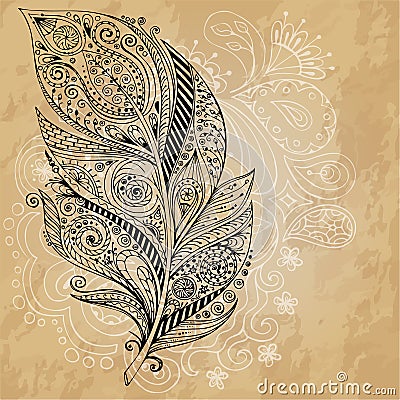 Artistically drawn, stylized, tribal graphic feathers with hand drawn swirl doodle pattern. Grunge background. Illustration Stock Photo