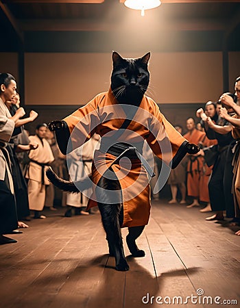 a black cat is wearing a karate uniform and dancing in front of a group of people Stock Photo