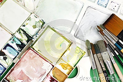 Artists brushes and watercolor paints Stock Photo
