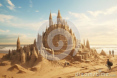 Artists creating intricate sand sculptures on a Stock Photo