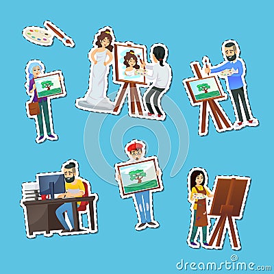 Artists painting and showing artworks labels set Cartoon Illustration