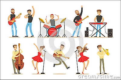 Artists Playing Music Instruments And Singing On Stage Concert Series Of Musicians Cartoon Vector Characters Vector Illustration