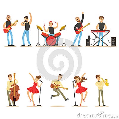 Artists Playing Music Instruments And Singing On Stage Concert Series Of Musicians Cartoon Vector Characters Vector Illustration