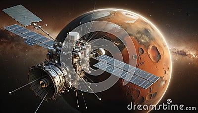 Artists Rendering of Space Station in orbiting around Mars. Concept Space Exploration Cartoon Illustration