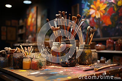 In the artists studio, a collection of paints and brushes Stock Photo