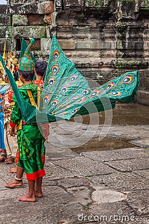 Artists wear traditional costume in Angkor temple,Siemriep, Camb Editorial Stock Photo