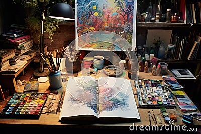 Artists workspace with paintbrushes, pencils and painting palette on wooden table, Step into a creative corner with Stock Photo
