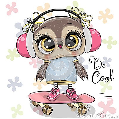 Ð¡artoon owl on a skateboard with headphones Vector Illustration