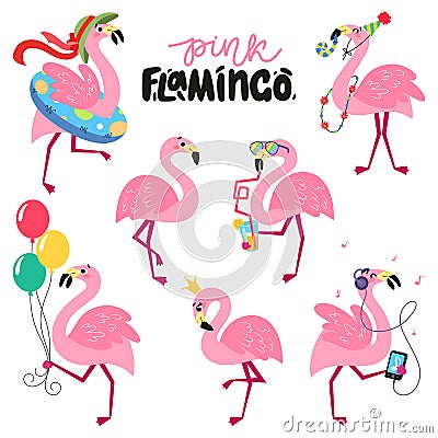 Set of cartoon pink flamingos Vector Illustration