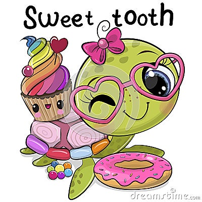 artoon Turtle Sweet tooth with Cupcake Vector Illustration