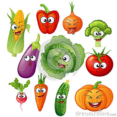 Artoon vegetable characters. Vegetable emoticons. Cucumber, tomato, broccoli, eggplant, cabbage, peppers, carrots, onions, pumpkin Vector Illustration