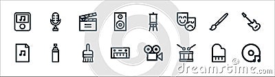 arts line icons. linear set. quality vector line set such as cd music, drum, piano keyboard, music file, paintbrush, movie, canvas Vector Illustration