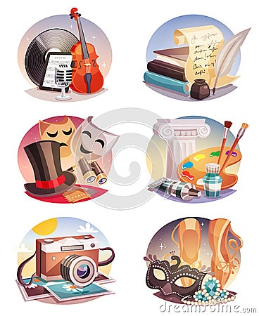 Arts Round Compositions Set Vector Illustration