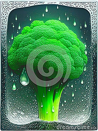 Artsy surreal brocolli rain ai image in silver frame Stock Photo