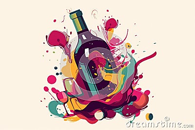 Artsy Vector of Wine Bottle and Glassware. Generative Ai Stock Photo