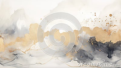 Serene Abstract Painting: Delicate Watercolor Landscapes With Gold And Black Colors Cartoon Illustration