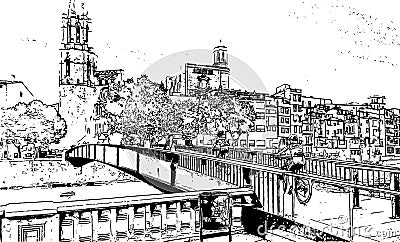 Artwork black and white drawing Brige to Cathedral vector Vector Illustration