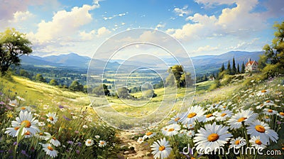 Artwork Capturing a Field of Blooms with a Serene Lake Beyond Stock Photo